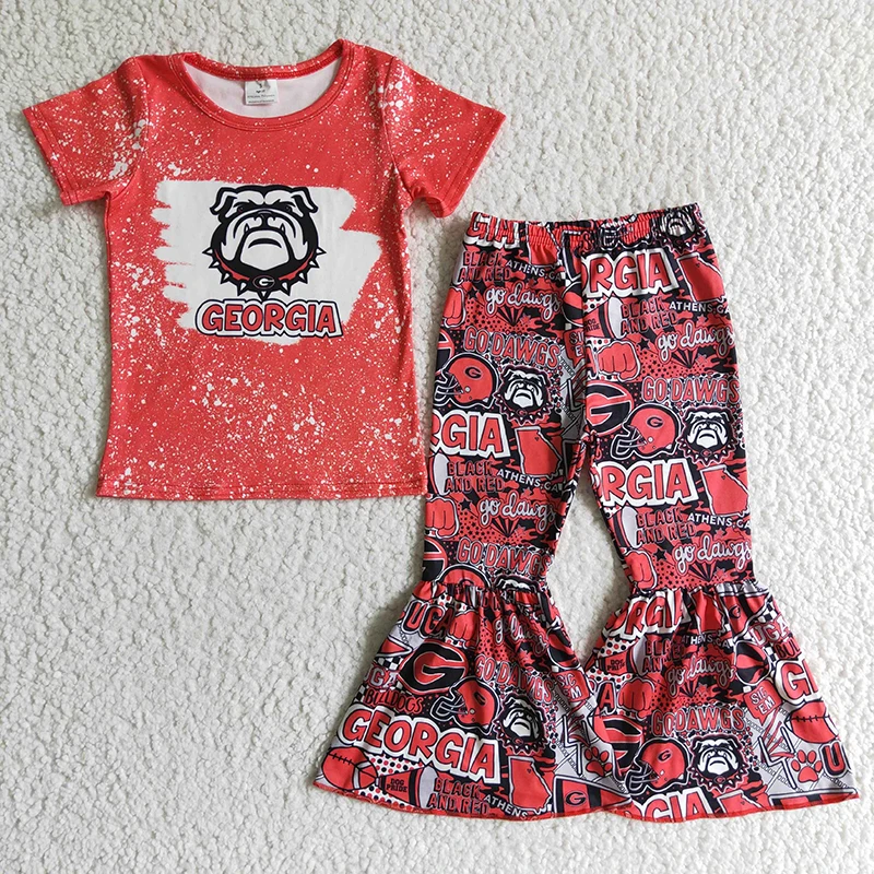 Baby Girl Toddler Ball Game Clothing Red Short Sleeve Tie Dye Shirt Top Bell Pants Outfit Wholesale Kid New Boutique Clothes Set