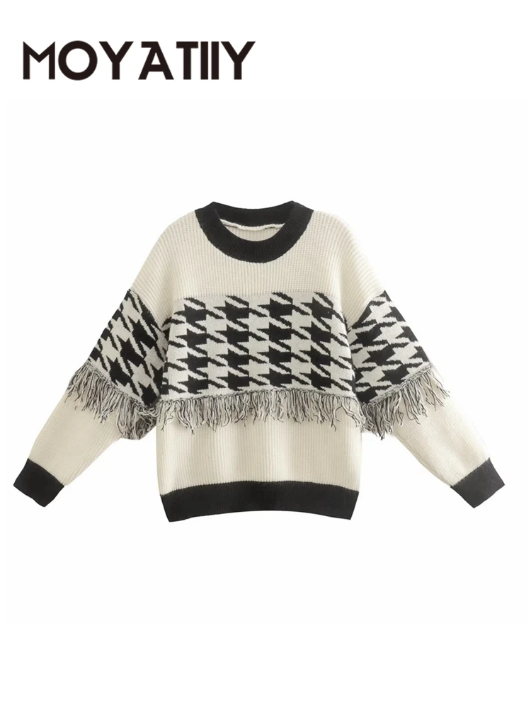 

MOYATIIY Women 2022 Fashion Sweater Autumn Winter Plaid Tassel Knitted Sweater Pullover Female Jumper Long Sleeve Tops