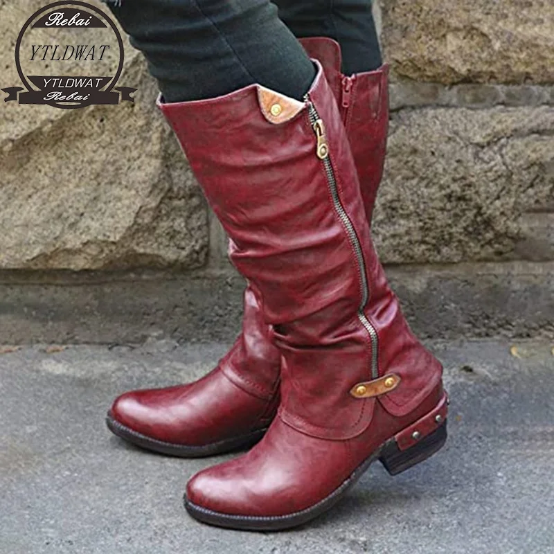 

Женские зимние сапоги до колена из искусственной кожи на высоком каблуке, Размеры 35-43