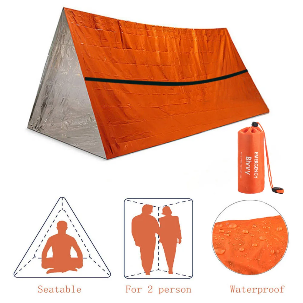 

2 Person Emergency Tent Outdoor Survival Blanket Thermal Shelter Waterproof SOS First Aid Reusable Sleeping Bag Accessories