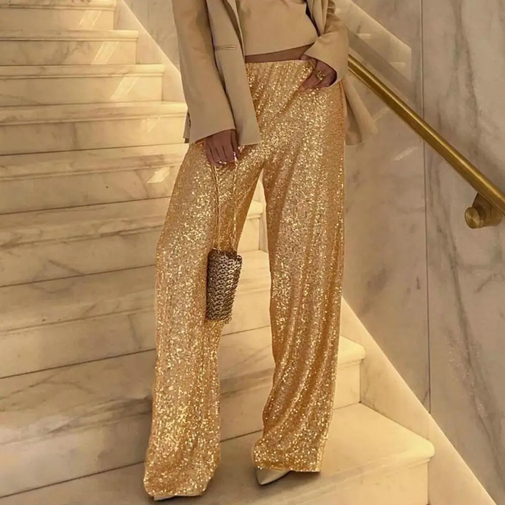 

Женские брюки с блестками, элегантные модные свободные прямые брюки с высокой талией для вечеринок, повседневная одежда, блестящий клубный наряд для вечеринок