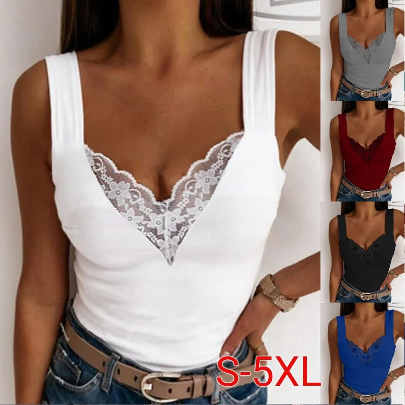 

Summer Women S-5XL Deep V Neck Tank Tops Casual Solid Color Neckline Lace Sleeveless Sexy Shirts Slim Tops Suspender Vest