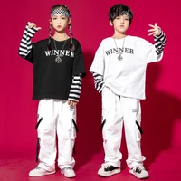 kid kpop hip hop clothing striped sweatshirt top white streetwear tactical cargo pants for girl boy jazz dance costume clothes