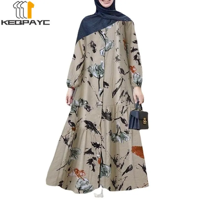 New Muslim Women Dubai Abaya Cotton Linen Long Dress Kaftan Islam Arab Vintage Print Loose Dresses Robe Middle East Eid Clothing