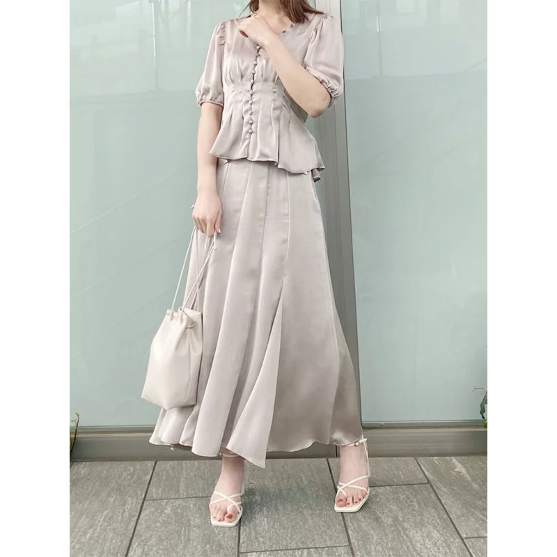 

CINESSD Japanese Temperament V Neck Puff Short Sleeve Shirts Draped Irregular High Waist Skirts 2022 Spring Woman Clothing