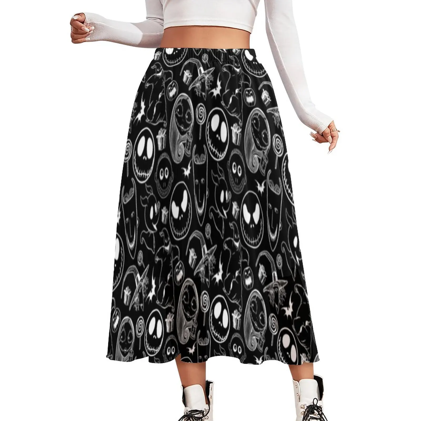 

Gothic Skirt Halloween Ghost Print Cute Boho Skirts Summer Aesthetic Elastic Waist Chiffon Print Big Size Casual Skirt