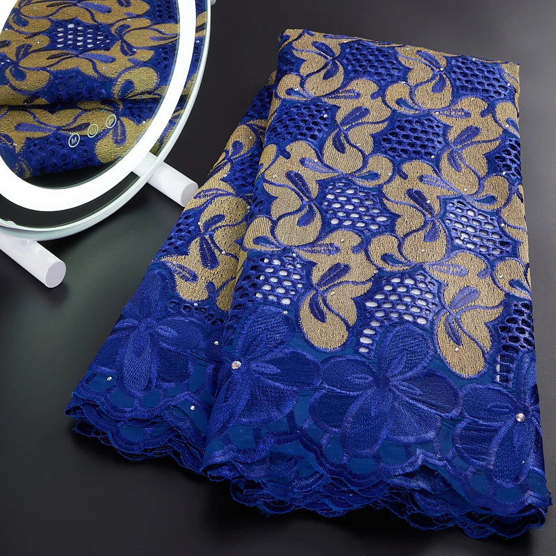 Royal Blue African Lace Fabric 2022 High Quality 5Yards Nigerian Swiss Voile Cotton Lace In Switzerland For Women Dress A3005