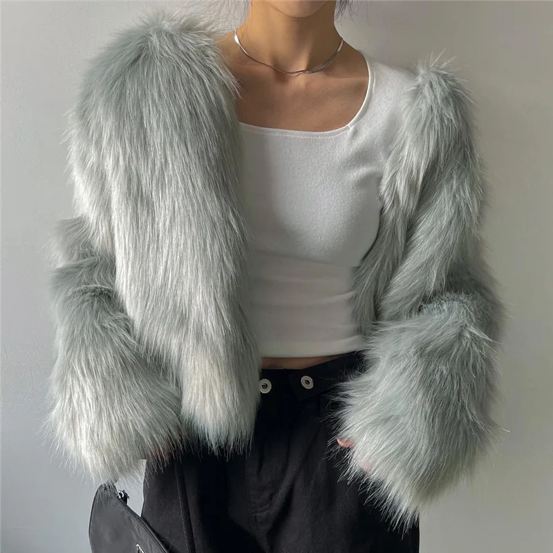 Winter Faux Fur Thick Warm Fur Coat Women's Korean Cardigan Round Neck Plush Coat Women's Long Sleeve Solid Color Coat