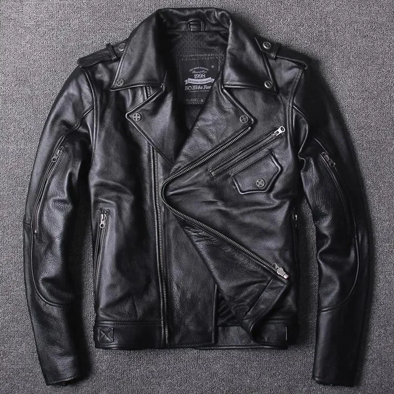 

NEW Profession Biker Jacket Genuine Leather Men Motorcycle Jackets Men's oblique zipper jacket Protective Gear Man Cowhide Coat