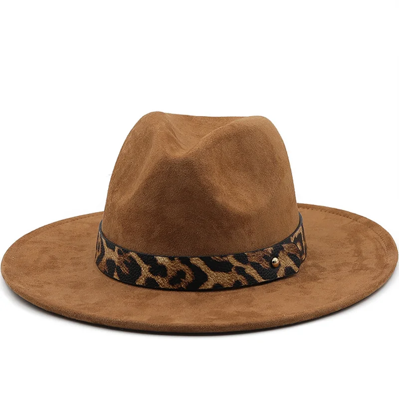 

Hot Suede Women Men Leopard Belt Fedora Hat for Winter Autumn Elegant Lady Gangster Trilby Felt Homburg Church Jazz Hat 55-58cm