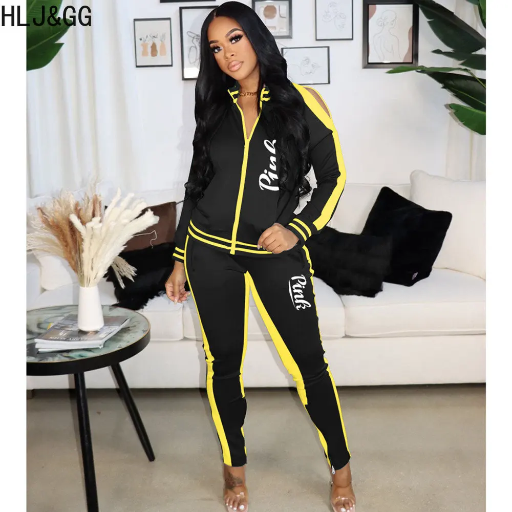 

HLJ&GG Fashion Off Shoulder PINK Letter Print Tracksuits Women Zipper Long Sleeve Top And Slit Hem Pants Two Piece Sets Outfits