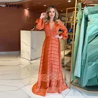 verngo a line orange evening dresses long sleeves v neck lace vintage arabic women robe de soiree prom formal gowns plus size