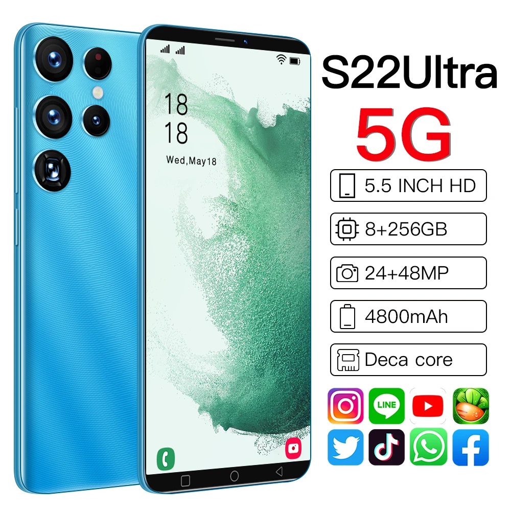 NEW S22Ultra 5.5 Inch 8+128GB 4800mAh 24+48MP Face Unlock Smartphone  Dual SIM+Micro SD Andriod 11 Deca Core MTK6983 Cellphones