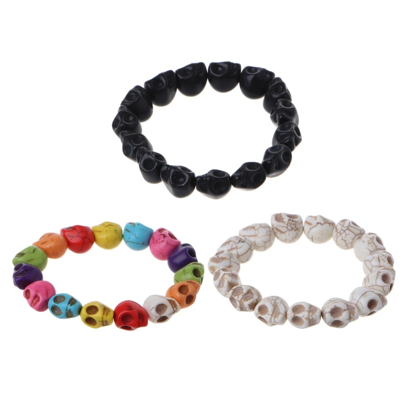 

Punk Personality Skull Bead Skeleton Bracelets Gothic Charm for Head Bone Stone Elastic Bracelets Tibetan Prayer for Uni