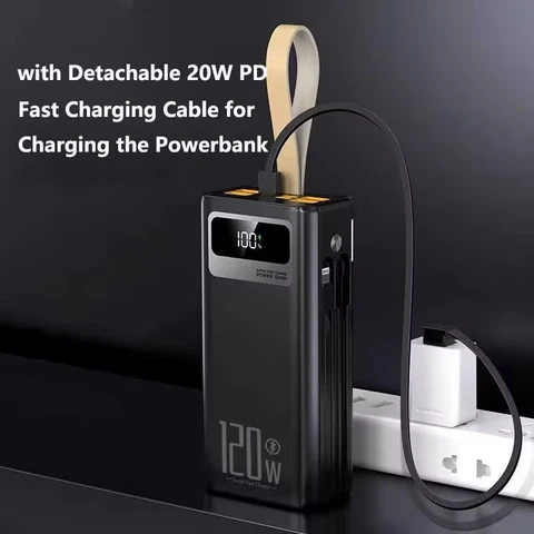 Power Bank 50000 мАч со встроенным кабелем 22,5 Вт PD Быстрая зарядка Powerbank Портативное зарядное устройство для iPhone 16 Xiaomi Samsung