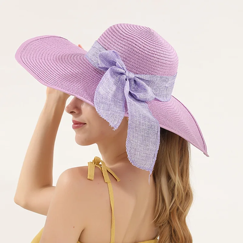 Artificial Weaving Pink Simple Wide Brim Women's Straw Hat Sun Hat Beach Women Summer Hat UV Protect Travel Cap Lady Bowtie Cap