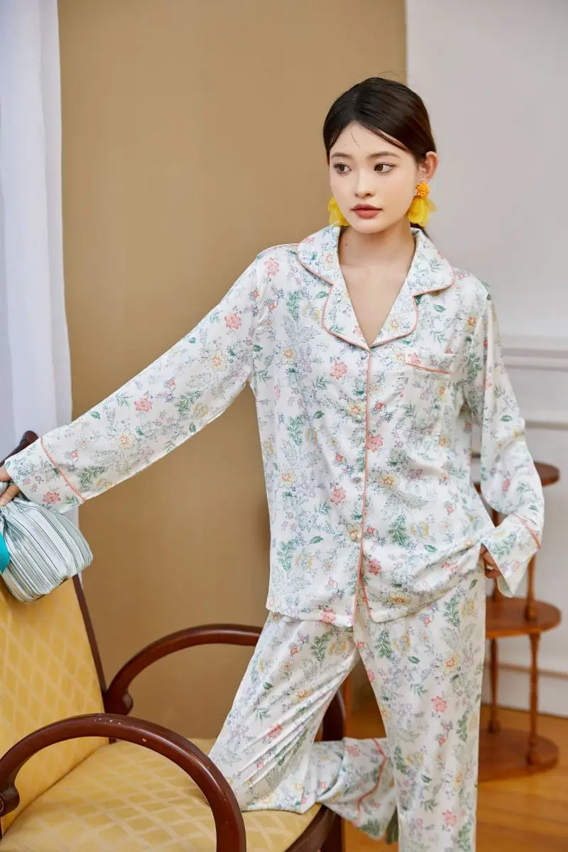 Pajamas women's summer style ice silk long-sleeved trousers high-end homewear suit  женское бельё  pijamas