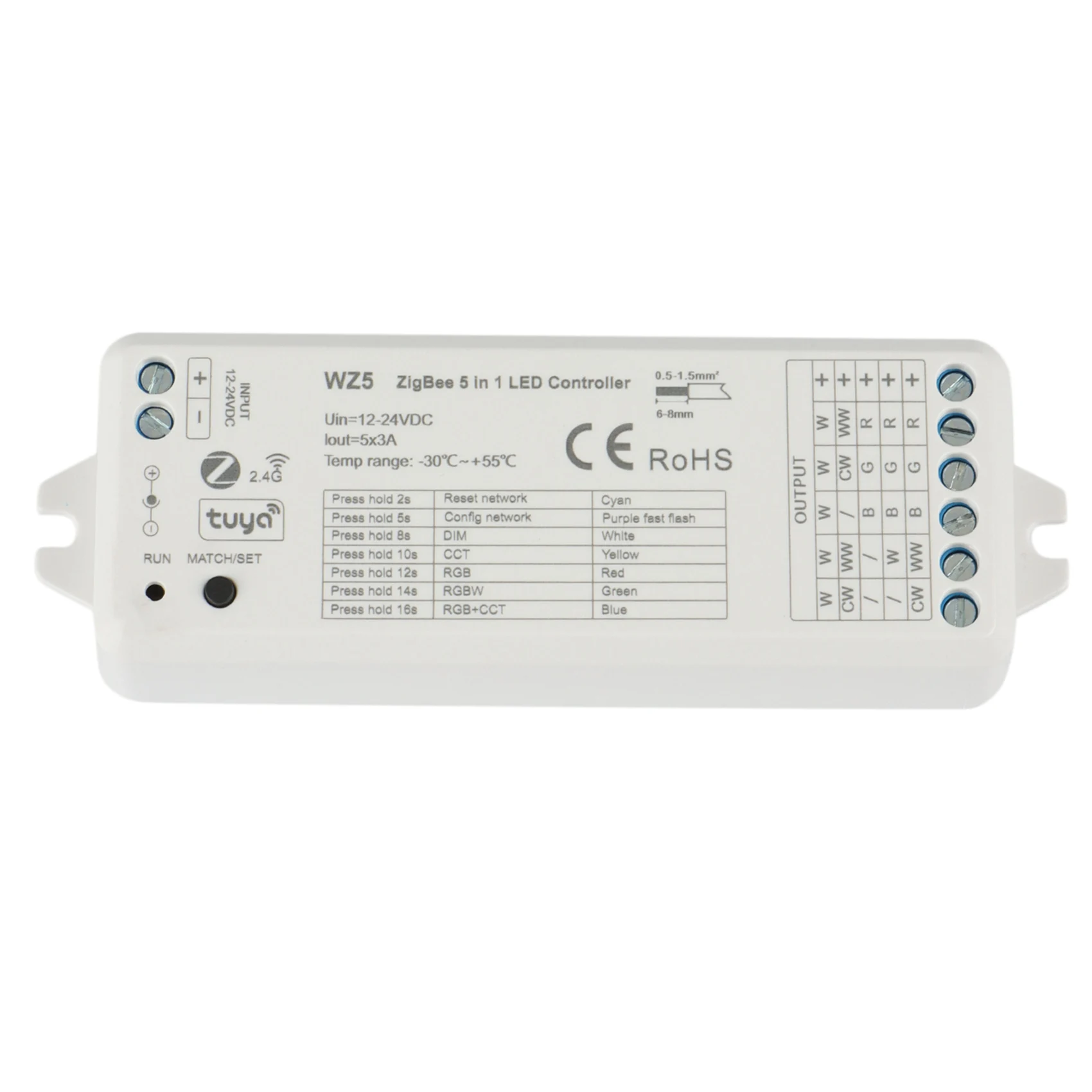 

Светодиодный контроллер WZ5 TUYA Zigbee, 12 В постоянного тока, 24 В, 5 в 1, диммер CCT, RGB, RGBW, RGBWW, RGBCCT, Светодиодная лента, умное управление через приложение, голосовое управление