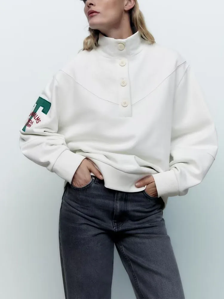 

2022 women's autumn and winter models loose varsity style stand-up collar long-sleeved button decorated casual sweatshirt