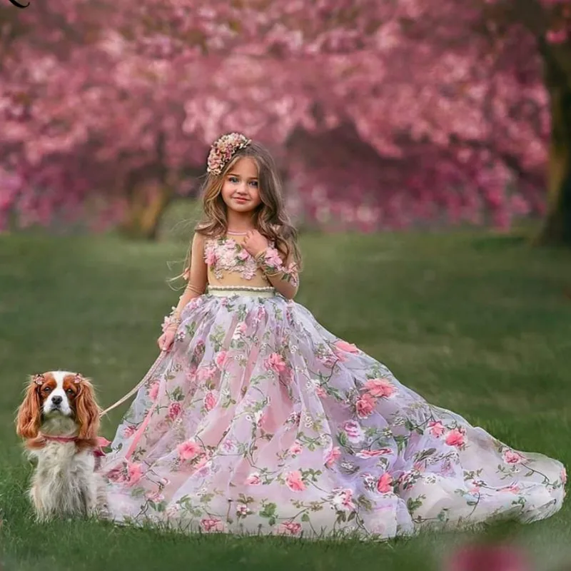 

Lovely Floral Flower Girl Dress primera comunion Long Sleeves Wedding Dress for Girl Kids Applique robe fille