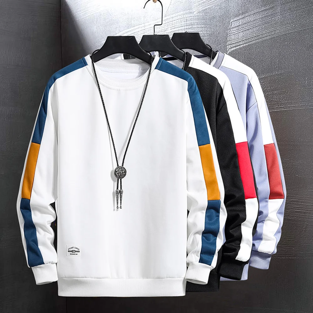 

Men sweatshirt Side Sleeve Striped Men Fashion Clothing Tops Autumn Slim Fit Crewneck Long Sleeve Shirt Men Pullovers Colorblock