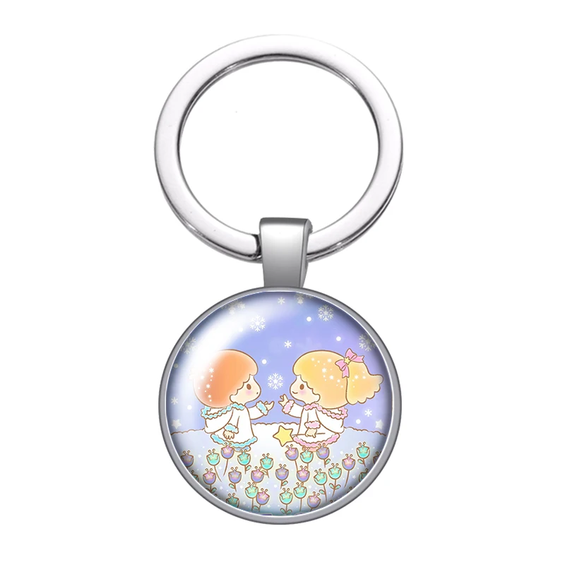 MINISO Little Twin Stars Cute Cartoon Photo cabochon key chain Ring Holder Charms silver color pendant for Kid