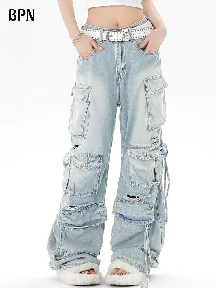 

BPN Streetwear Hit Color Denim Cargo Pants For Women High Waist Hole Hollow Out Patchwork Pockets Casual Jeans Female Style New