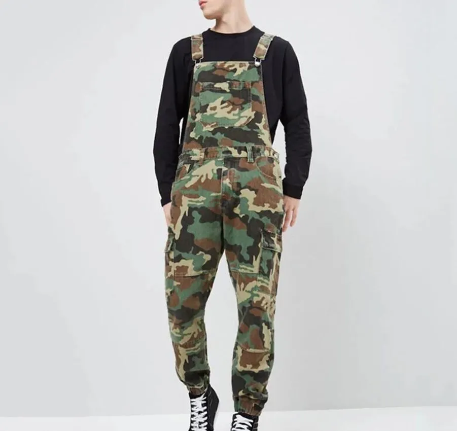 Stylish Mens Denim Camouflage High-waisted Strap Overalls Camo Combat Jumpsuit Casual Pants High Street Pockets Jeans