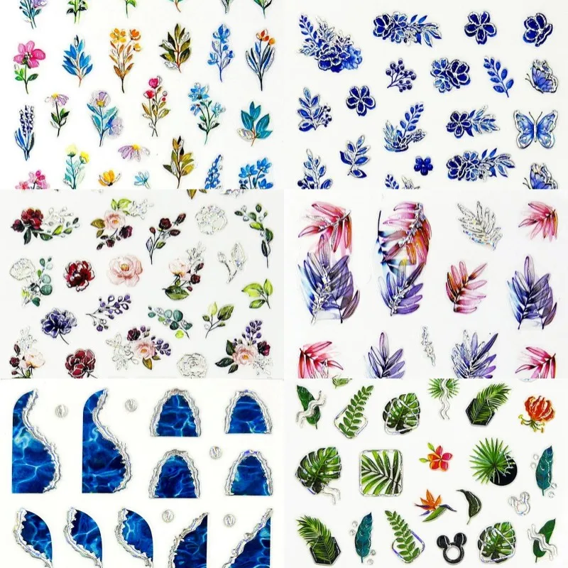 

1pcs 5D Embossed Laser Silver Nail Art Stickers Soft Relief Flower Leaf Series Nail Decorations Decals DIY Manicre Accessories