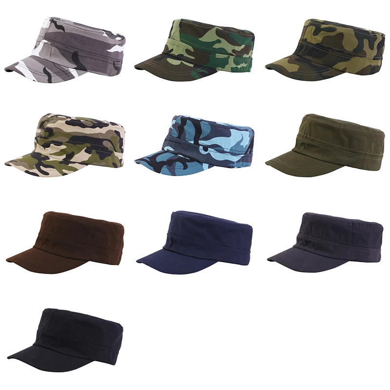 

New Camouflage Army Cotton Baseball Hats Flat Top Visor Sun Hat Velcro Adjustable Outdoor Military Training Cap Sun Protection