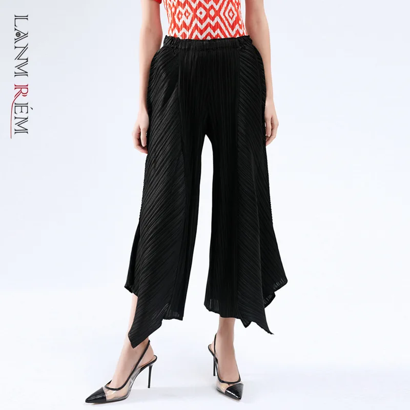 

LANMREM 2022 New Spring Pants High Waist Elastic Wide Leg Flare Feet Pleated Trousers Ankle Length Loose Vintage Bottoms WK99116