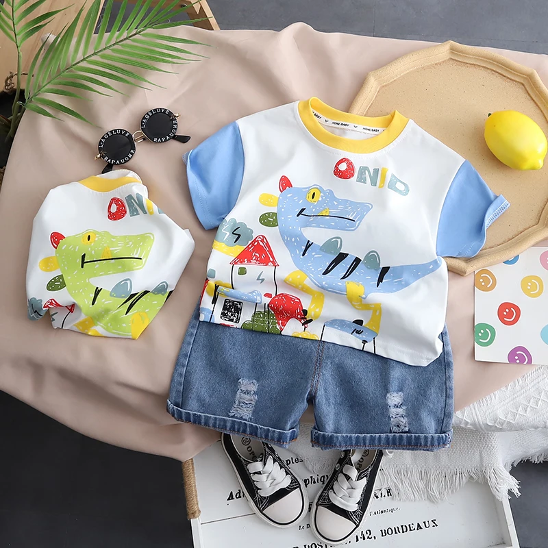 

Cute Toddler Boys/Girls Infant Summer New Cartoon fashions dinosaur T-Shirt+shorts 2pc Clothes Cotton Outfits Children's Wear