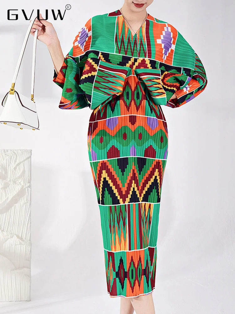 

GVUW Batwing Sleeve Pleated Dress For Women 2023 Autumn New V Neck Printed Loose Color Block Dresses Elegant Clothing 17G0980