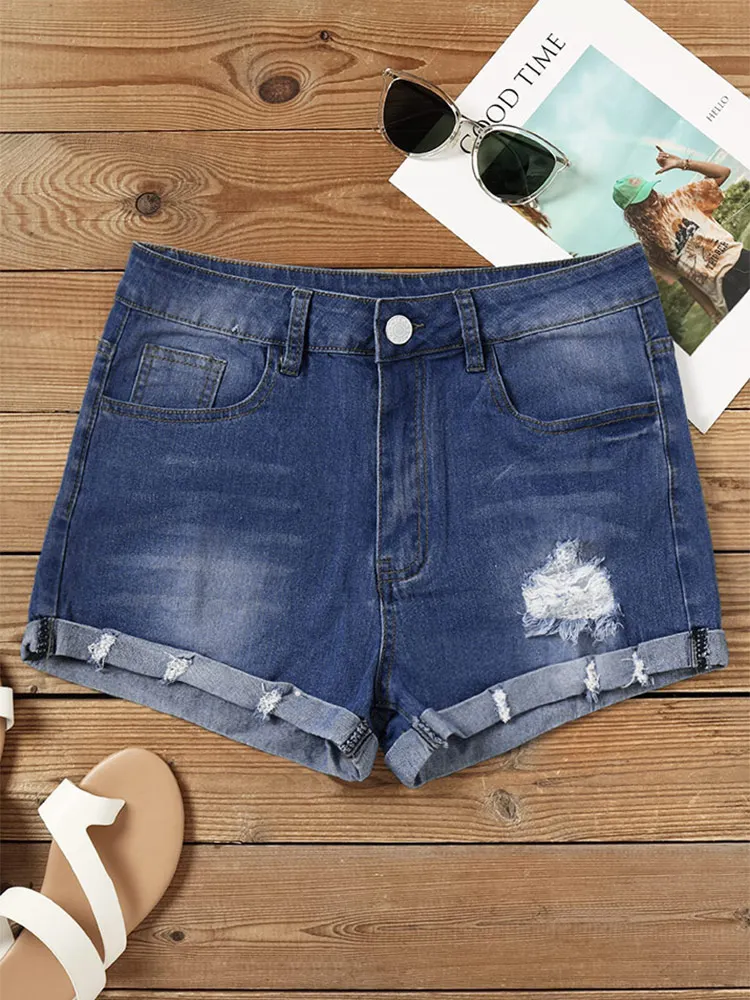 Summer Women Pocket Button Ripped Denim Shorts Women Blue High Waisted Shorts Female Elastic Short Jeans