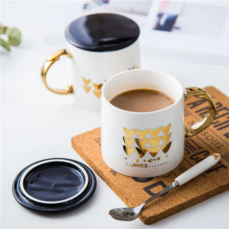 

Real gold creative ceramic cup large capacity water cup mug simple couple cup coffee cup milk cup with lid spoon