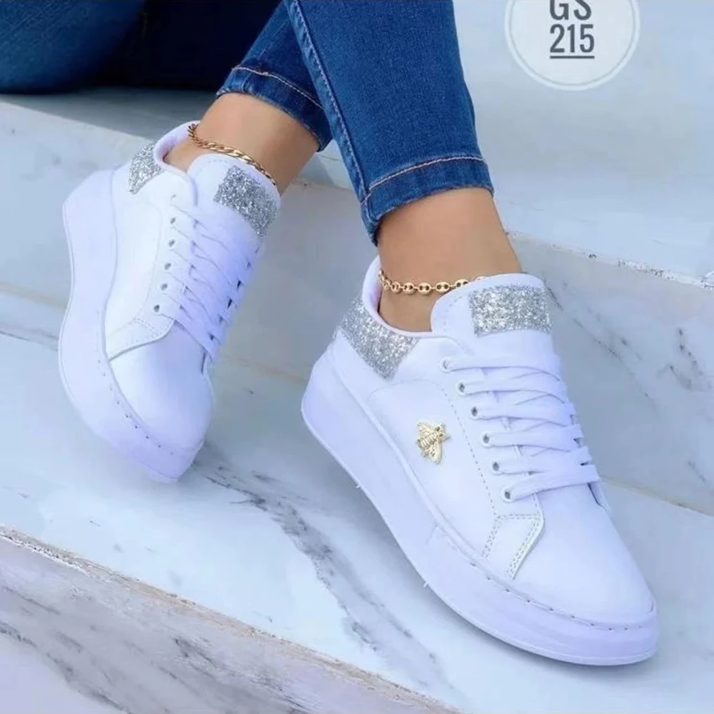 Women's Casual Shoes Fashion Butterfly Decor Round Head Sneakers Leather Lace-Up Ladies Vulcanize Shoes Platform Female Footwear