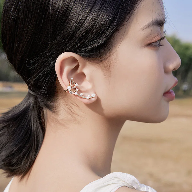 

W85 S925 silver needle pearl diamond butterfly earrings ear bone clip integrated European and American style fashion ins earring