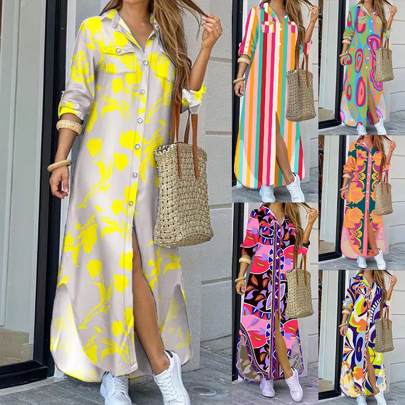 

Autumn 2023 New Women's Fashion Casual Shirt Collar Long Sleeve Print Loose Dress