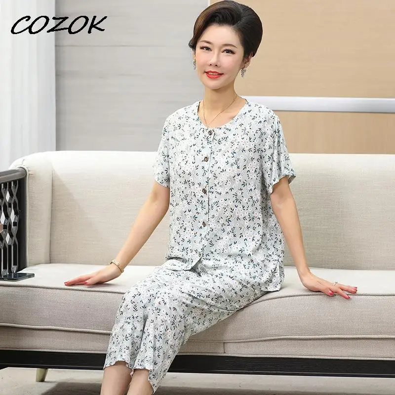 

Mom Gift Middle Aged Sleepwear Pajamas Long Pants Short Sleeve Summer Automn Loungewear Home Clothing Homewear Sets Plus Size