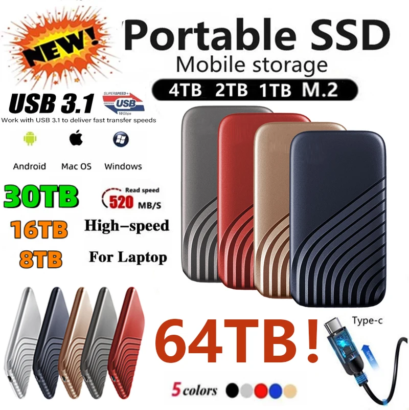 

External Solid State Drive500GB 1TB High Speed Mobile Hard Drive Type-C USB3.1 16TB 8TB Protable SSD 2TB 1TB SSD for Laptop PS4