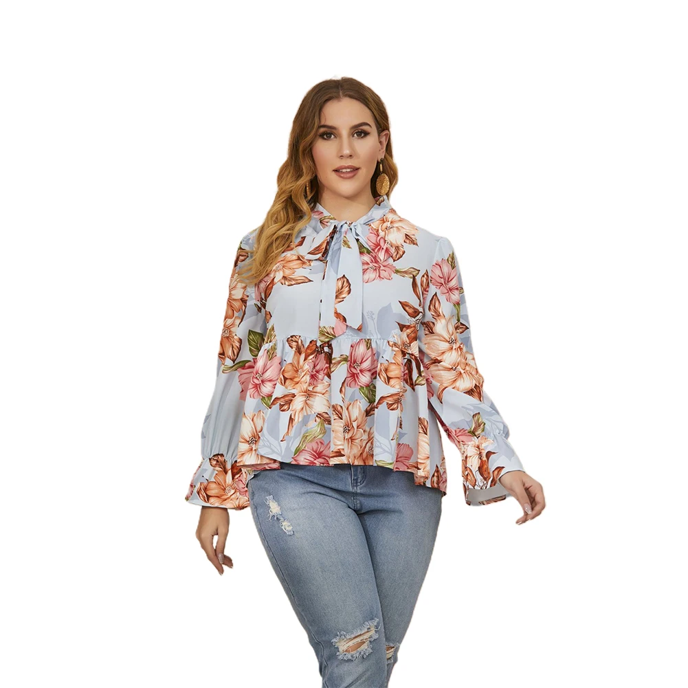

Brand New Plus Size Women Floral Print Shirt Long Sleeve Blouse Lace Up Ruffled Top Ladies Soft And Comfortable