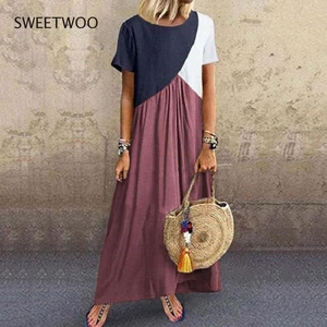 Summer 2022 new Short Sleeve Maxi Dress Women Clothes O-neck Beach Dress Fashion Ladies Contrast Stitching Long Dresses Vestidos