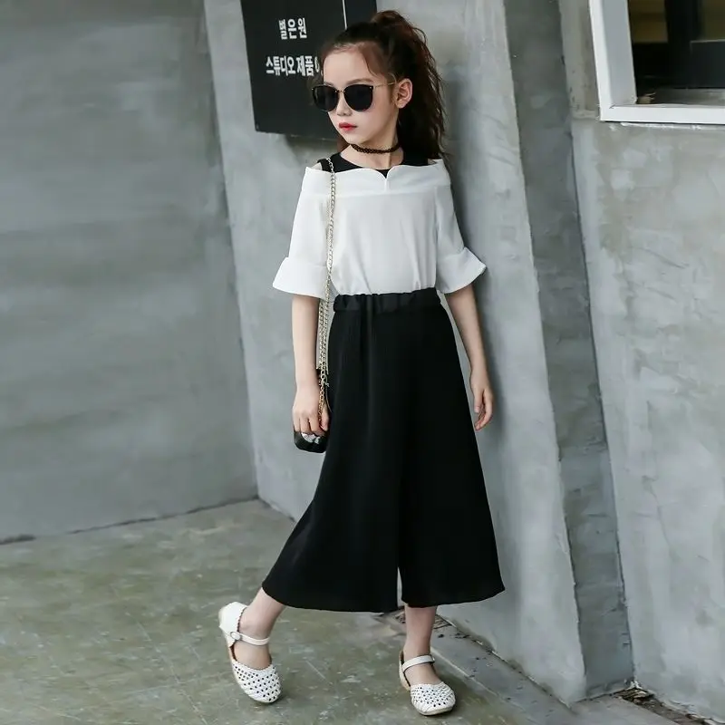

Girls New Summer Avant-garde Design Suit Children's Clothes Wide Leg Pants Two Pieces Sets Kids 12 Years Old Dignified Pants