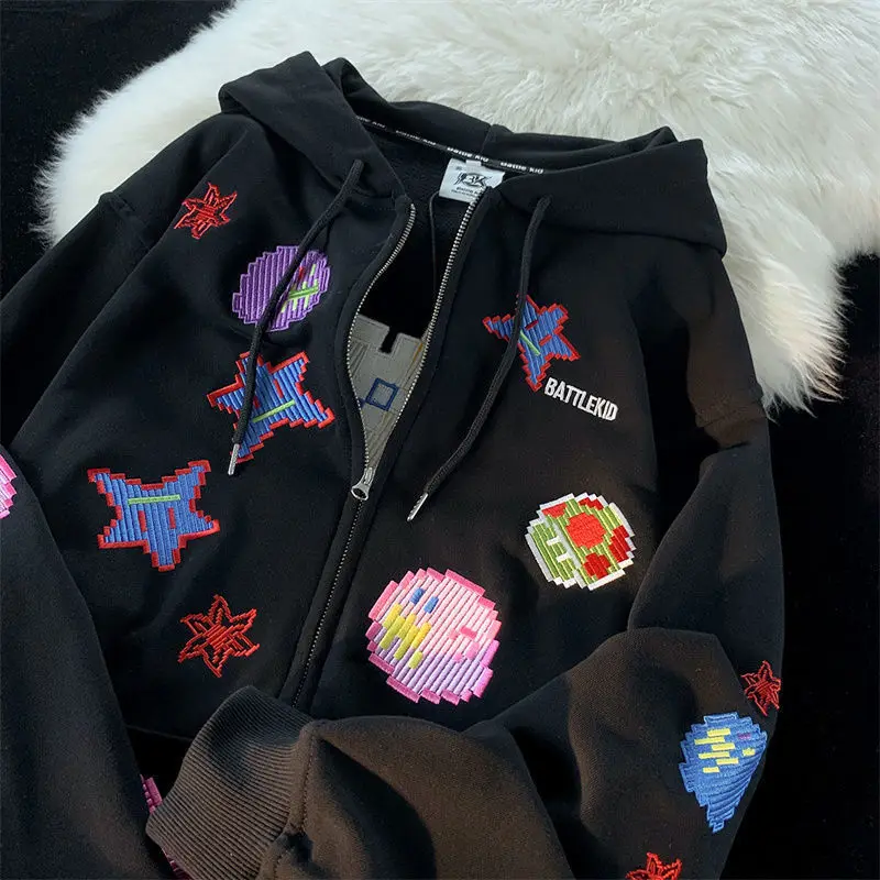 Oversized Retro Streetwear pixel pattern Printing Sweatshirt  Women Zip Up Hoodies Punk Hooded Jackets Embroidery Y2k Clothes