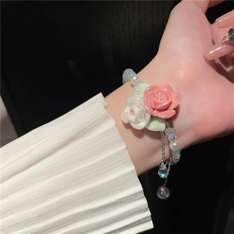 

2023 New Sweet Pearl Crystal Resin Flower Bracelets For Women Beach Holiday Jewelry