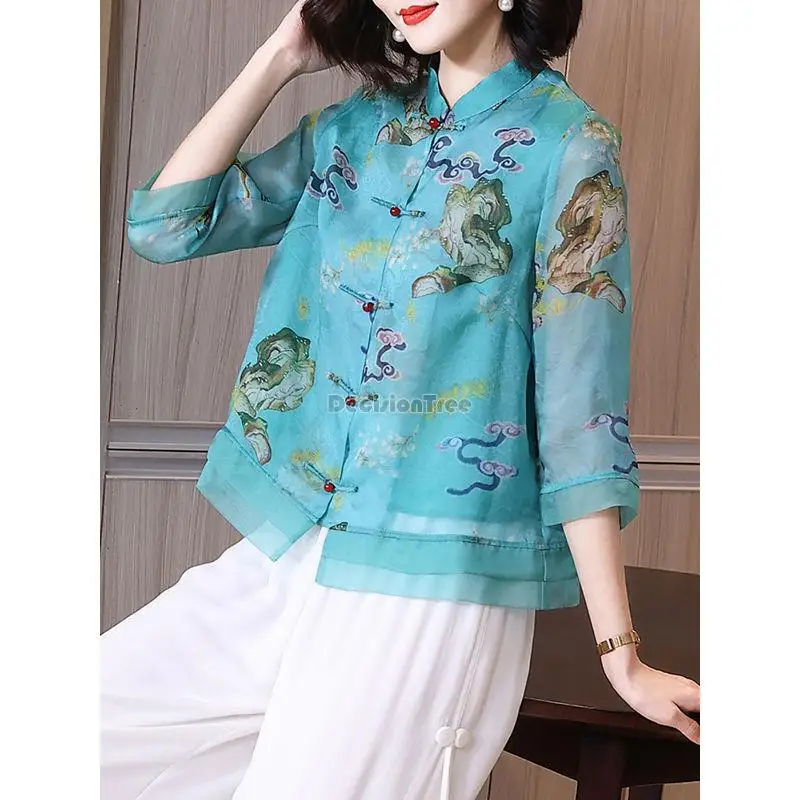 

2022 chinese blouse silk half sleeve stand collar women blouse new loose summer style tea zan clothes elegant tang suit g469