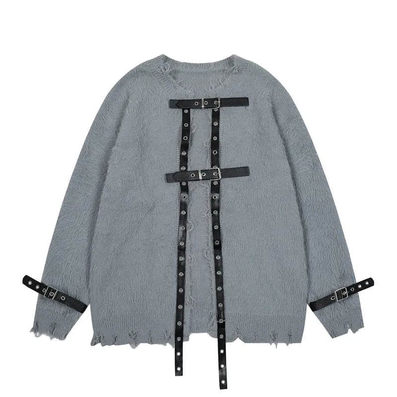 Мужской свободный трикотажный джемпер с кожаным ремешком