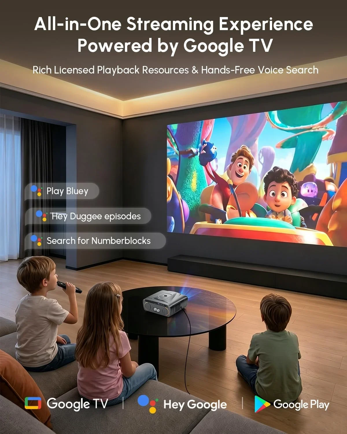 Фото CAIWEI A9X 2026 Новый 4K UHD проектор с Google TV, 4200ANSI, Android 14, домашний кинотеатр, караоке, 2 микрофона, двойные 38-ваттные динамики, автофокус, смарт-функции. №4