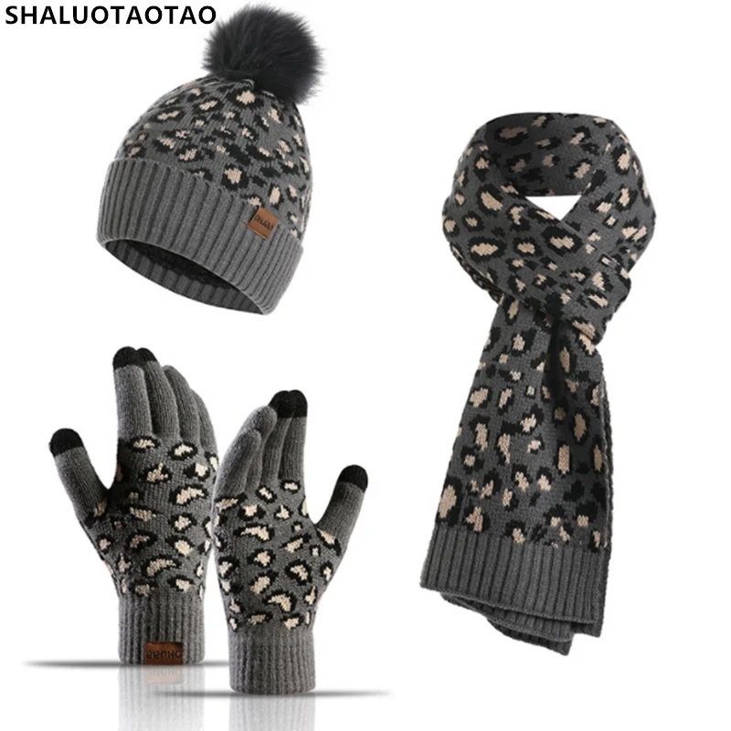 

New Women's Winter Hat Female Knitted Hat Leopard Print Keep Warm Female Beanie Hats Suit Scarf Gloves Three-Piece Set Wool Cap