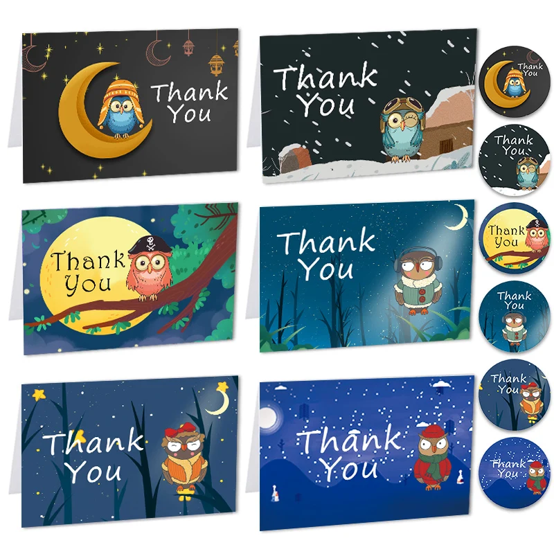 

6sets Cartoon Owl Thank You Cards Creative Assorted Greeting Cards with Envelopes Stickers Blank Inside Folded Gift Postcard